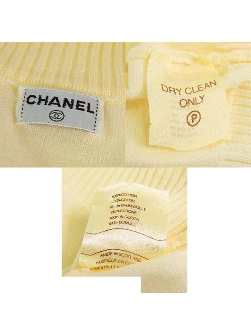 Chanel Henry Neck Knit Cream Cotton Sleeve Quilted Bag Button Top Vintage
